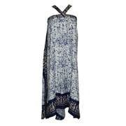 Mogul Ladies Wrap Around Skirt Blue Printed Reversible Premium Silk Sari Two Layer Magic Skirts