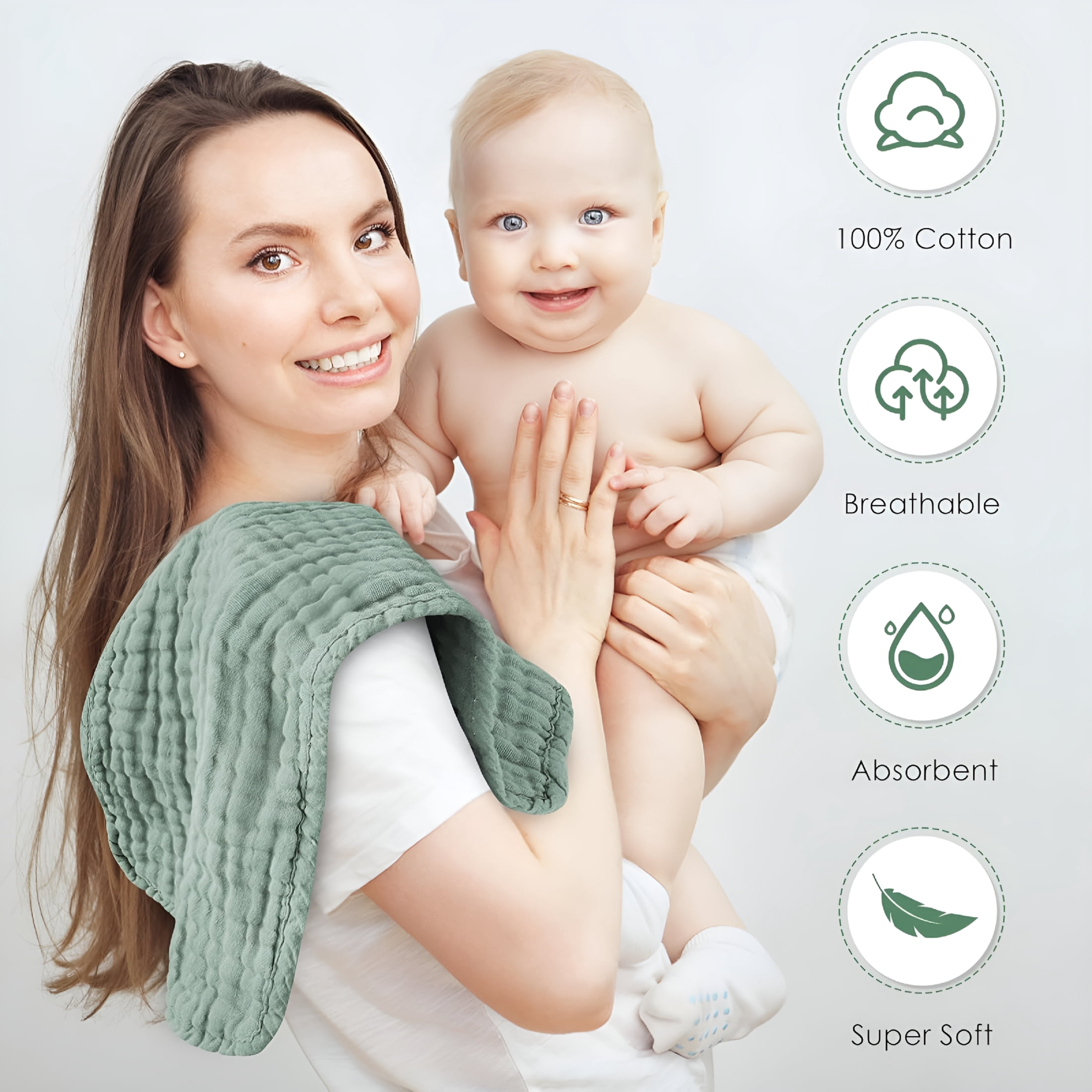 OQRKI Muslin Burp Cloths 100% Cotton Large 20''X10'' Extra Soft and Absorbent Baby Wash Cloths Spit Up Rags-Baby Burping Cloth for Boys Girls (12 Pack Green)