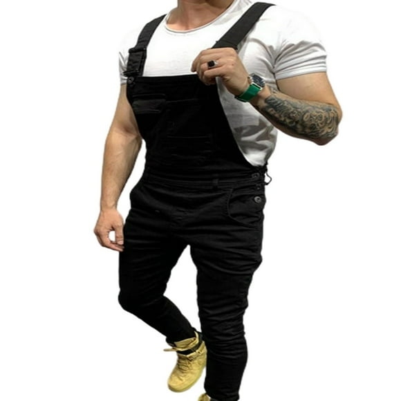 Men Denim Bib Overalls Slim Casual Jumpsuit Jeans Suspender Pockets Pants Playsuit