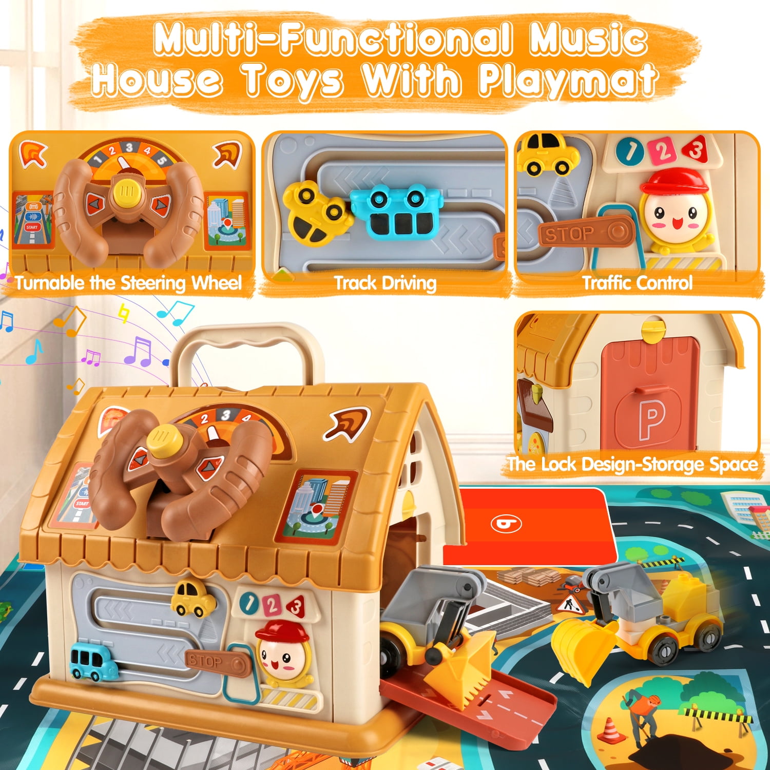 Huge Wave Toddler Montessori Toys for 1+ Year Old, 8-in-1 Multi-Functional Learning House, with 4 Building Cars and Map, Sound & Light Early Educational Kids Christmas Gifts