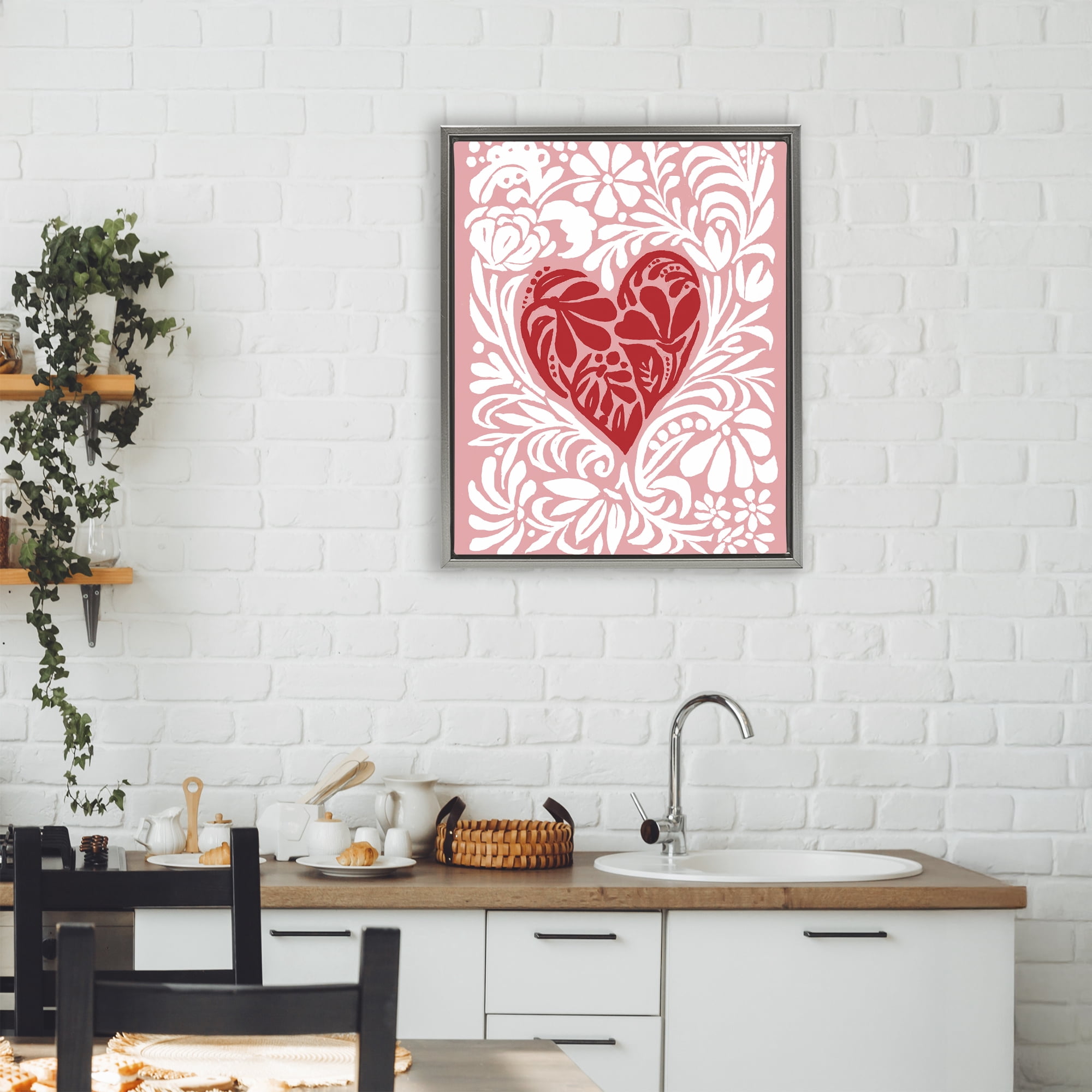 Stupell Industries Red Leafy Heart on Pink Gray Framed Floater Canvas Wall Art, design by Cindy Jacobs