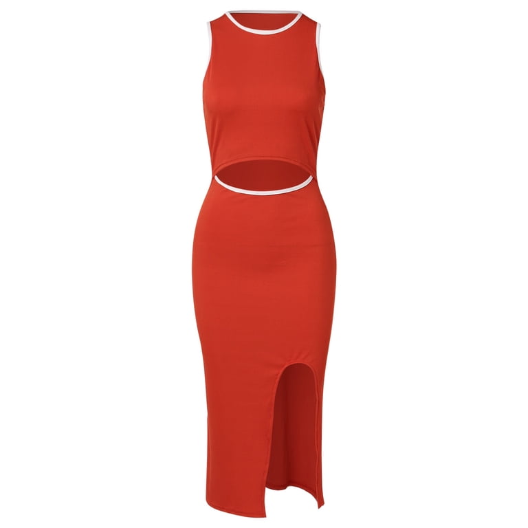 orange tanktop dress Sngxgn Women's Basic Bodycon Midi Dress Crewneck Sleeveless Casual Summer Tank Top Dresses(Orange,XL), Size: Medium