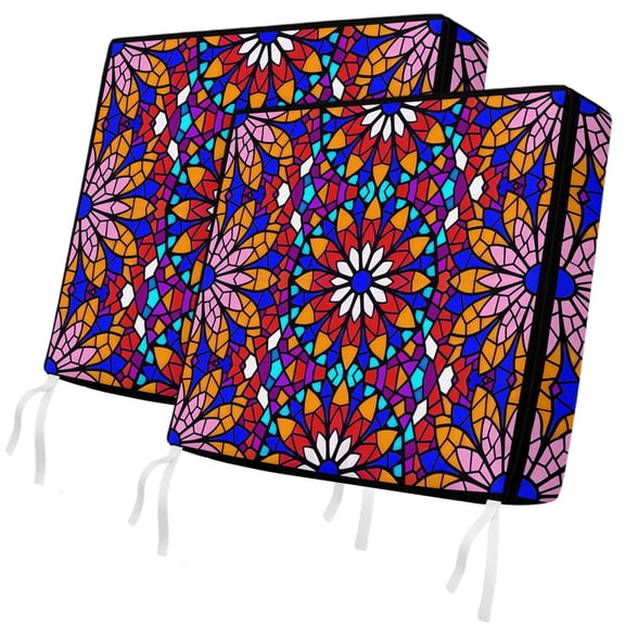 Outdoor Patio Cushion Covers 2 Pack Pink Stained Glass Flower Chair Pads Slipcovers with Ties & Zipper Waterproof Shiny Tiling Bohemian Seat Cushion Covers for Outdoor Couch Sofa 20x18 Inch