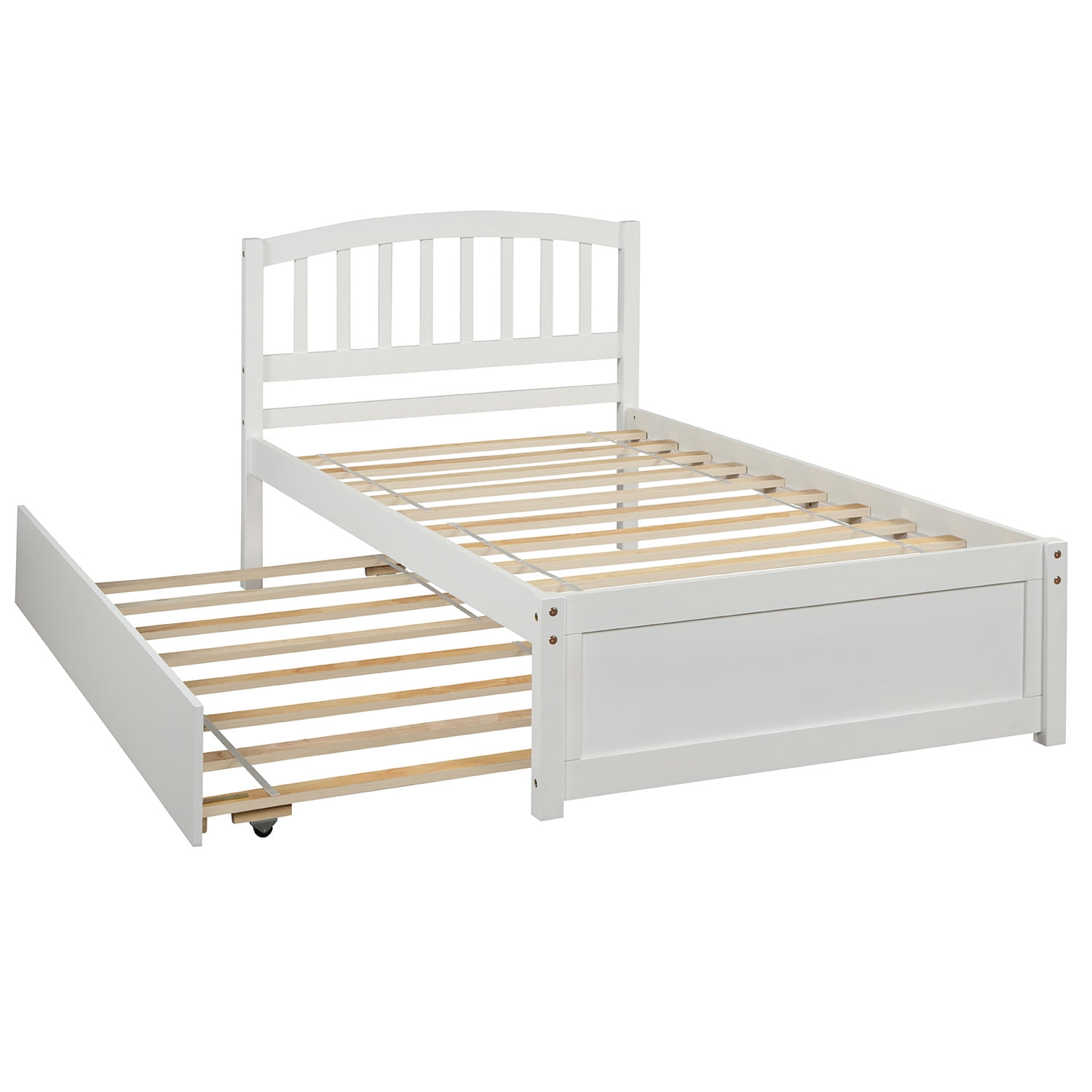 Mintazer Twin Size Platform Bed Frame with Trundle & Curved Slatted Headboard for Kids Teens Adults Bedroom, No Box Spring Needed, White