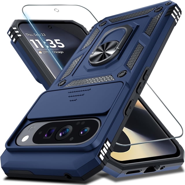 MYKOMI Case Compatible with Google Pixel 9/9 Pro Built in Slide Camera Lens Cover+Screen Protector+Finger Ring Holder Kickstand,Heavy Duty Shockproof Full Body Protective Phone Cover