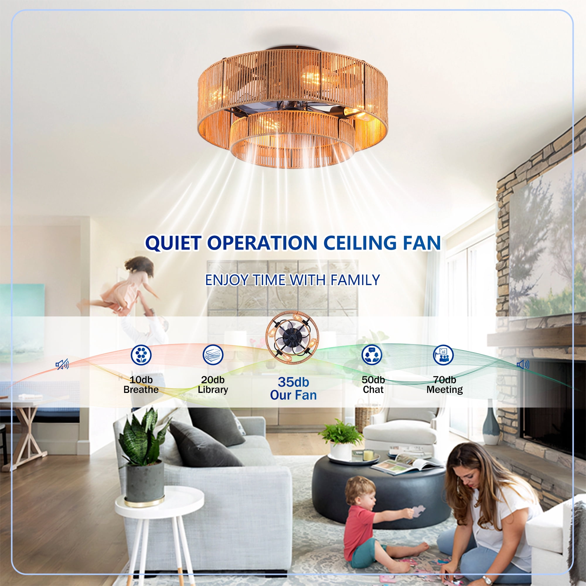 Leumius 20" Double Tier Rope Caged Ceiling Fan with Light and Remote Control, Low Profile Chandelier 6 Speed DC Motor Reversible Ceiling Fan for Living Room Bedroom (NOT Included Bulbs)