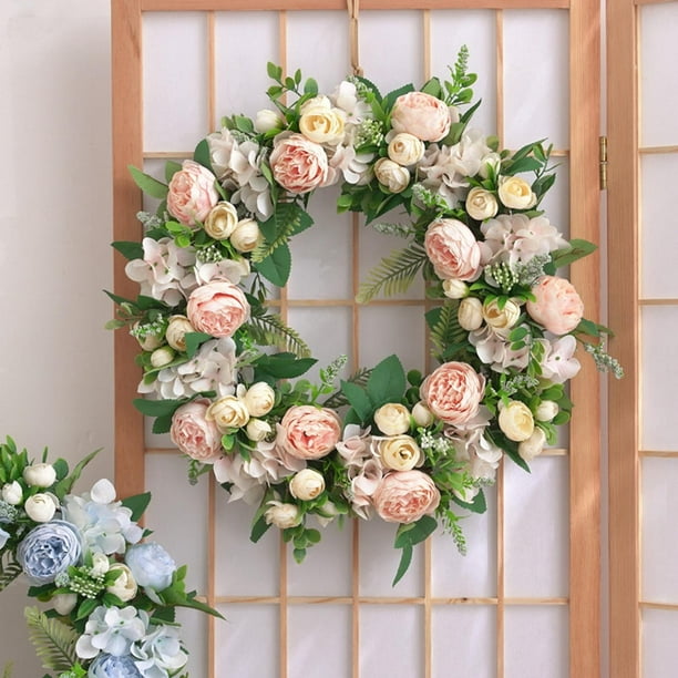 Artificial Peony Flower Wreath Handmade for Sp Summer Vintage Floral Wreath  Garland for Party Window Festival Decor Ornament Champagne Color