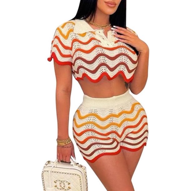 CORIRESHA Conjunto de 2 piezas de punto de ganchillo para mujer, a rayas, con botones festoneados, pantalones cortos, conjuntos de verano