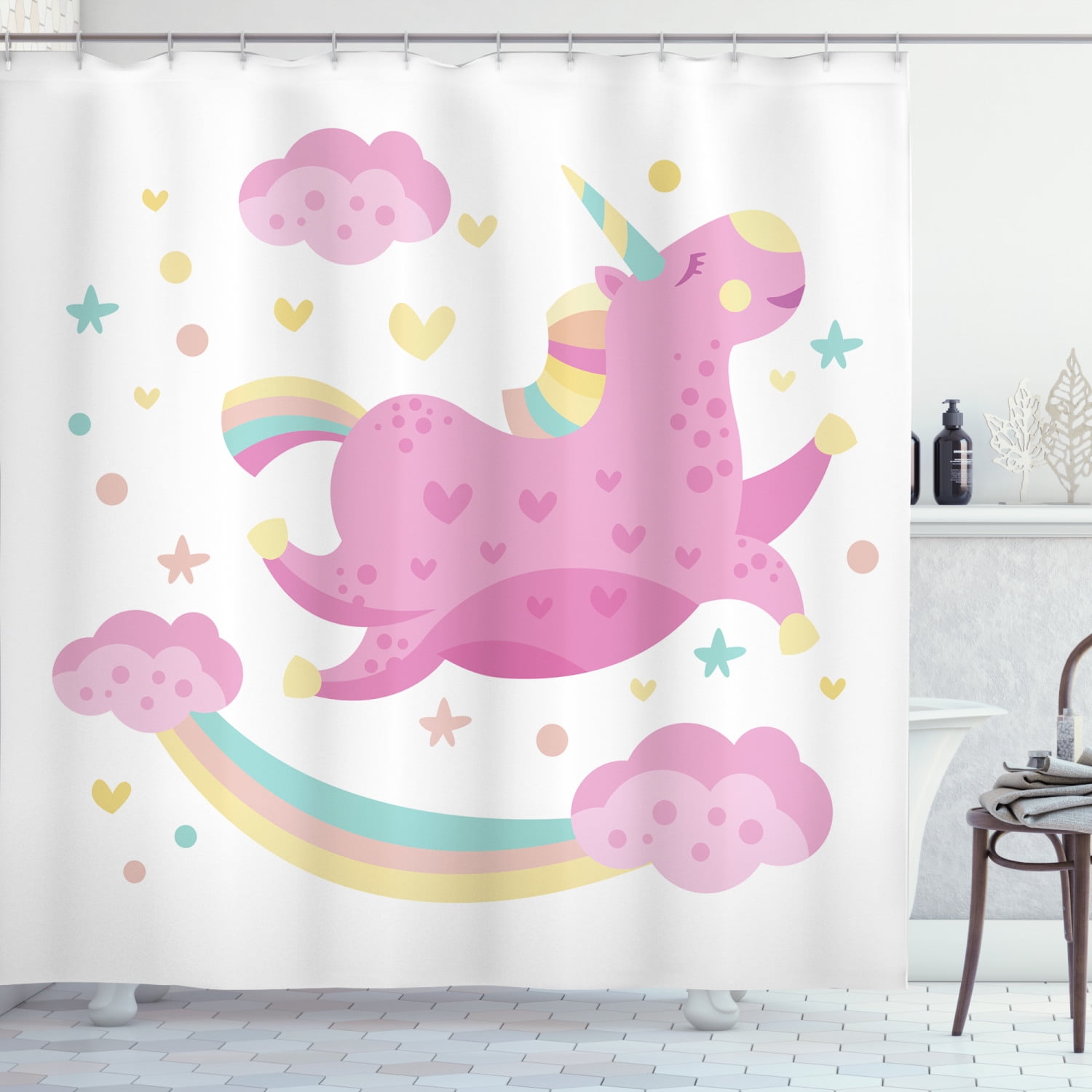 100% Polyester Fabric Unicorn Colored Horn Shower Curtain Bathroom Set Hooks 