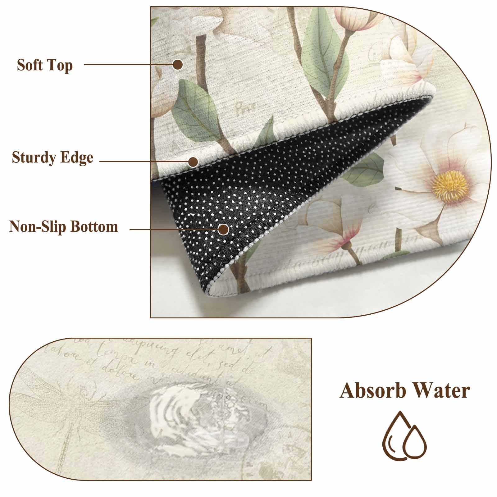 White Floral Area Rugs 4'x6', Washable Small Throw Rugs for Office Bathroom, Spring Country Vintage Flower Leaf Plant Indoor Outdoor Rug Non-Slip Low Pile Carpet Runner Reversible Floor Mats