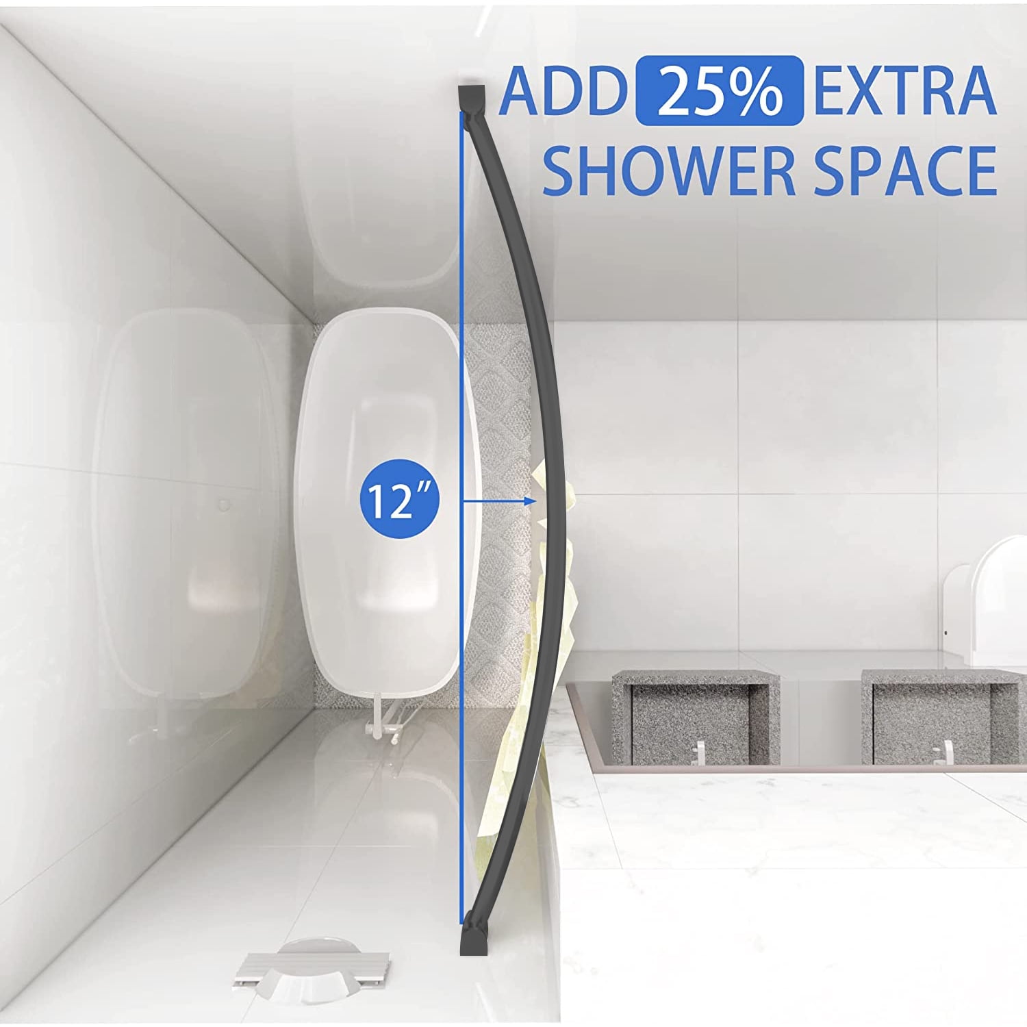 Curved Shower Curtain Rod, Adjustable Arched Shower Curtain Rod, Stainless Steel SUS304 Rustproof Expandable Shower Cartain Rod for Bathtub. Black Color