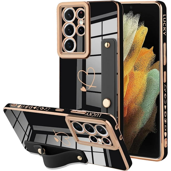 Galaxy S21 Ultra 5G Luxury Electroplated Case with Strap Love Heart Plating Gold Bumper Cover for Women Girls Anti-Scratch Shockproof Back Phone Case for Samsung Galaxy S21 Ultra 5G 6.8 Inch