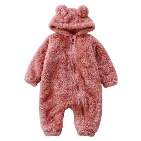 

Baby Girls Boys Cute Solid Long Sleeves Cartoon Bear Ears Fleece Footed Hooded Zipper Romper Warm Footie Jumpsuit Sleeper Pajamas Outfits 24 Snap