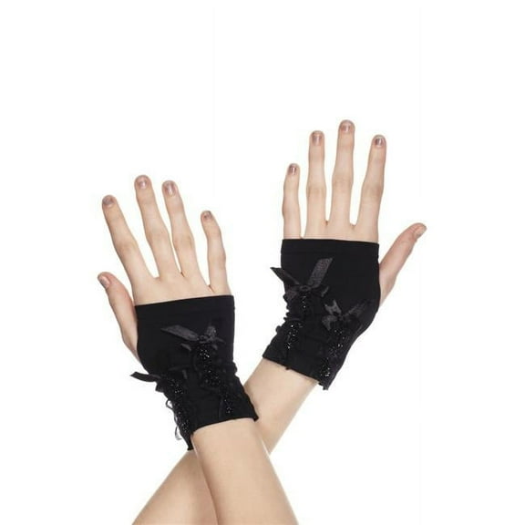 Fingerless gloves with ribbon lacing 485-BLACK
