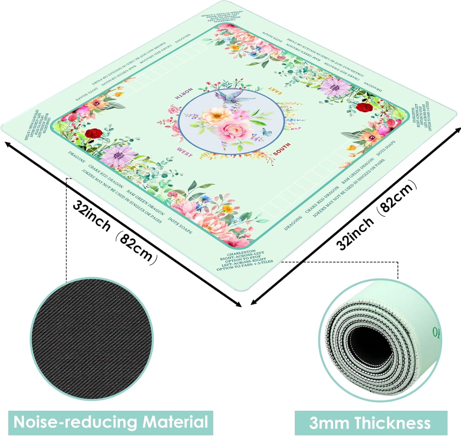 Mahjong Mat for Table, Non-Slip Noise Reduction Mahjong Table Cove 32×32 Inch Portable Gaming Mat for Poker/Cards/Board Games/Tile Games, Mahjong Tablecloth with Carrying Bag (Green+Flowers)