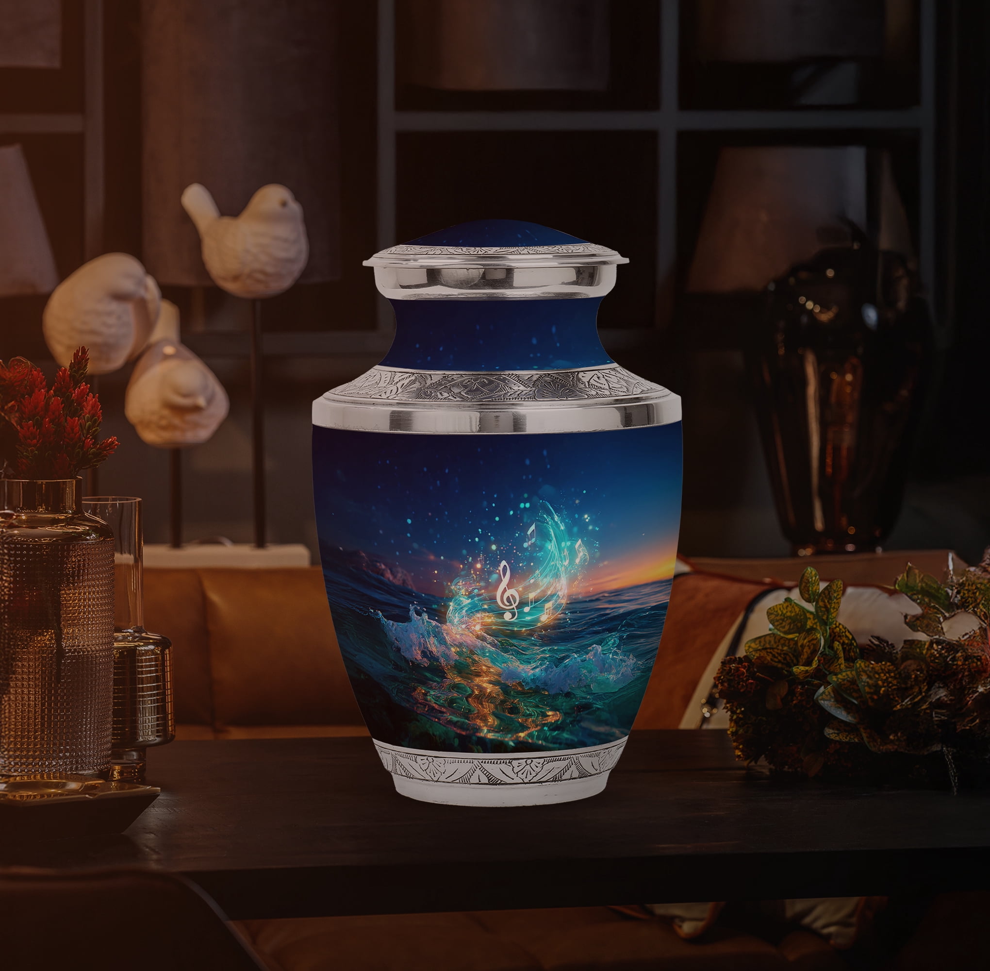 Yatskia Blue Music with Tree Large Cremation Urns for Human Ashes Adult Mom and Dad, Decorative Funeral Urn for Ashes Adult Male, (Tasty Large, 10 Inch)