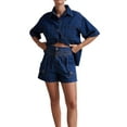 thumbnail image 2 of Womens 2 Piece Outfits Short Sleeve Button Down Crop Blue Jean Shirts High Waist Denim Shorts Sets Dark Blue M, 2 of 9