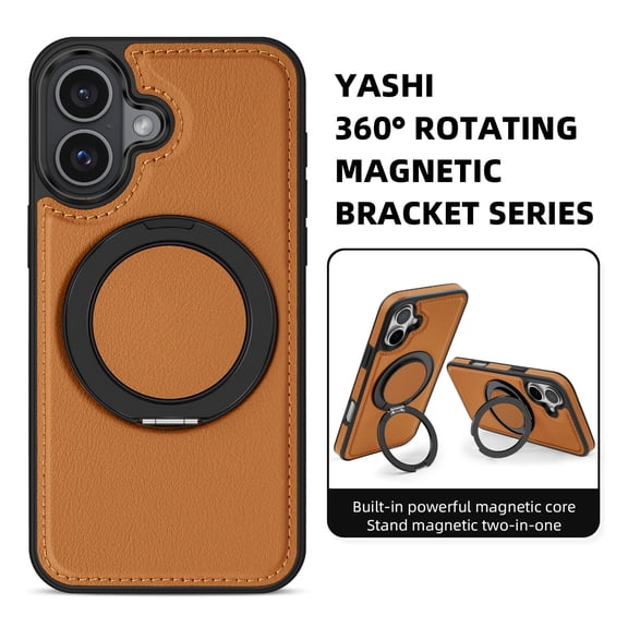 Magnetic Case for iPhone 17, Wireless Charging, Rotatable Ring Holder Stand Military Grade Shockproof Protection Classic PU Leather Phone Cover for iPhone 17, Brown