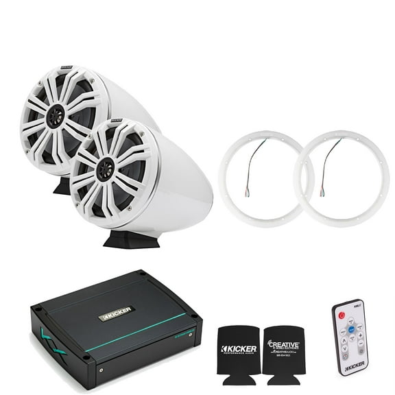 Kicker KMFC8W 8" Flat Mount White Tower Speakers (1 pair) with LED Rings, KXM4002 Marine Amplifier