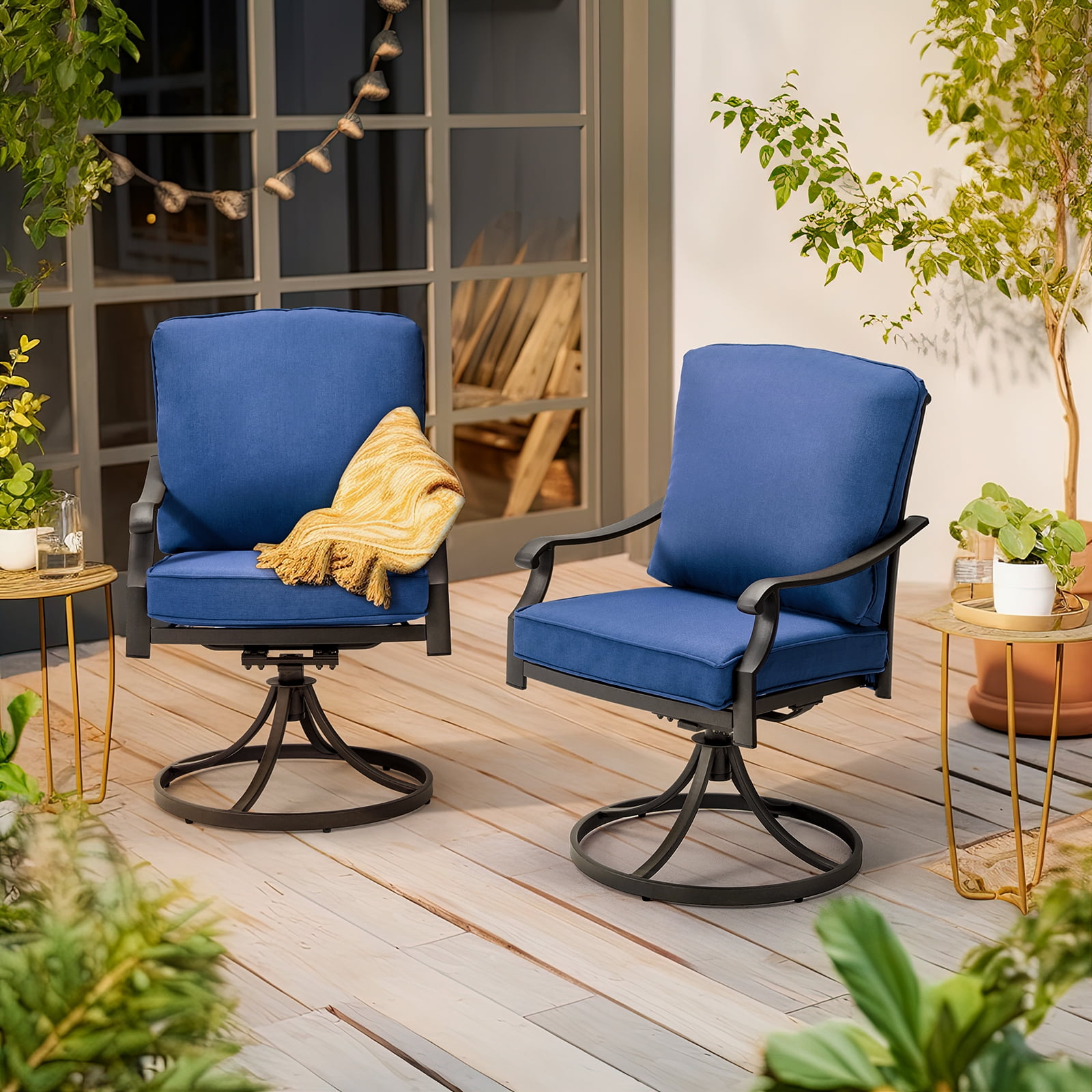MELLCOM Patio Swivel Chair Set of 2, Heavy Duty Outdoor Dining Chairs with Thickened Cushions, Metal Patio Chairs Gentle Rocker for Outside, Garden Lawn & Porch, Backyard, Blue