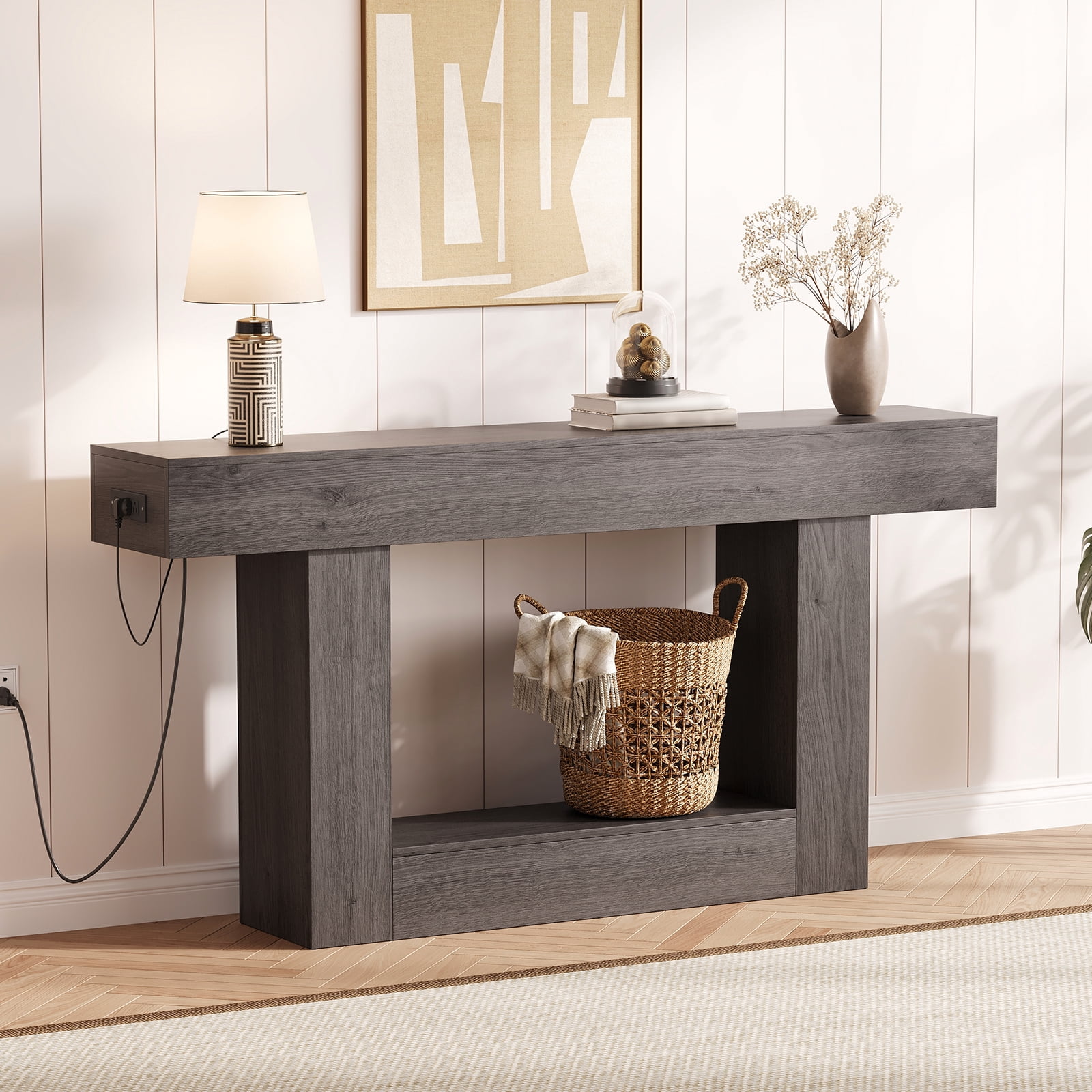 63" Farmhouse Entryway Table with Charging Station, Narrow Console Table with Storage Shelf Slim Sofa Table for Living Room, Gray