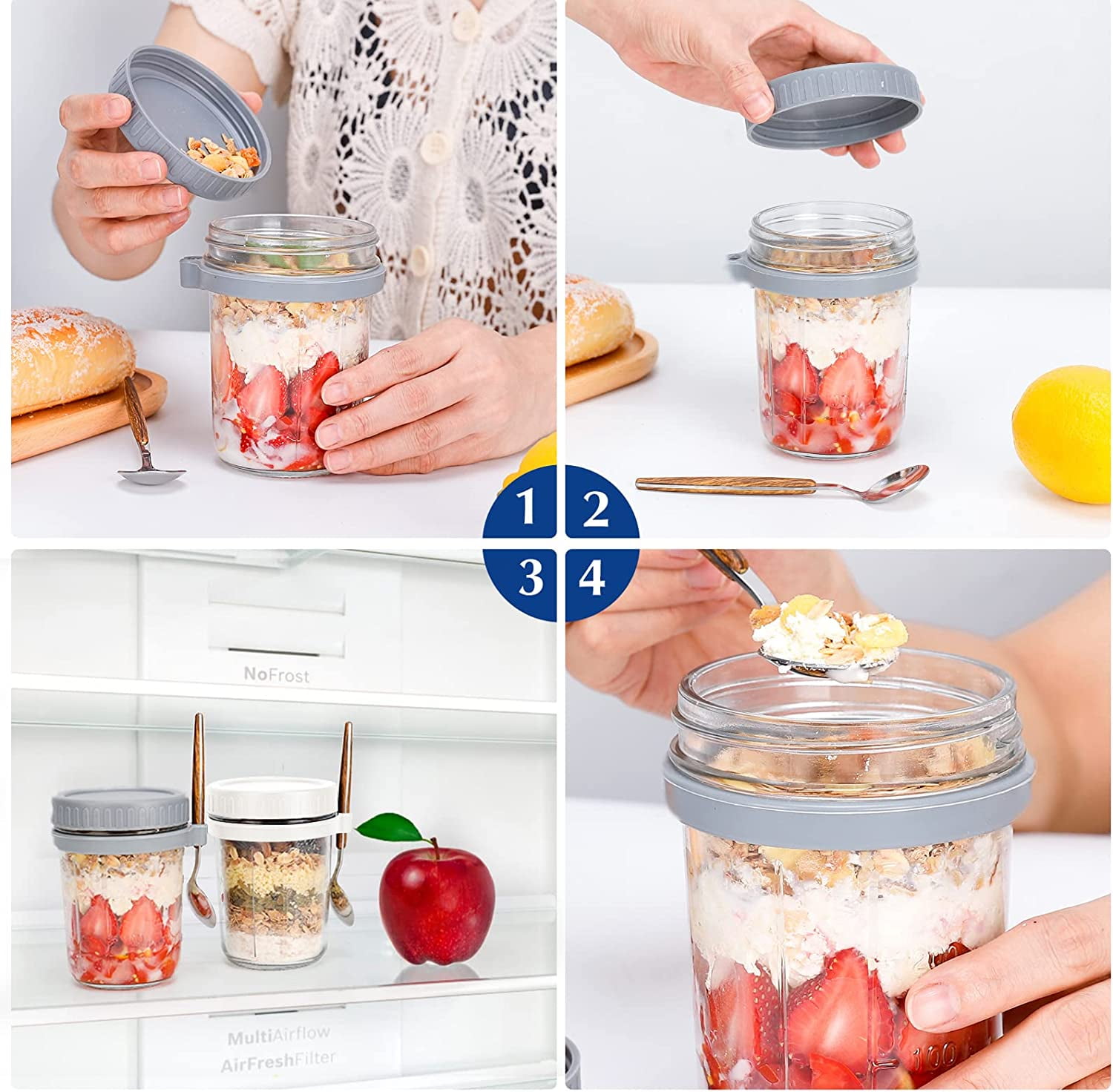 HBlife 4-Piece Overnight Oats Containers with Lids and Spoons, 16