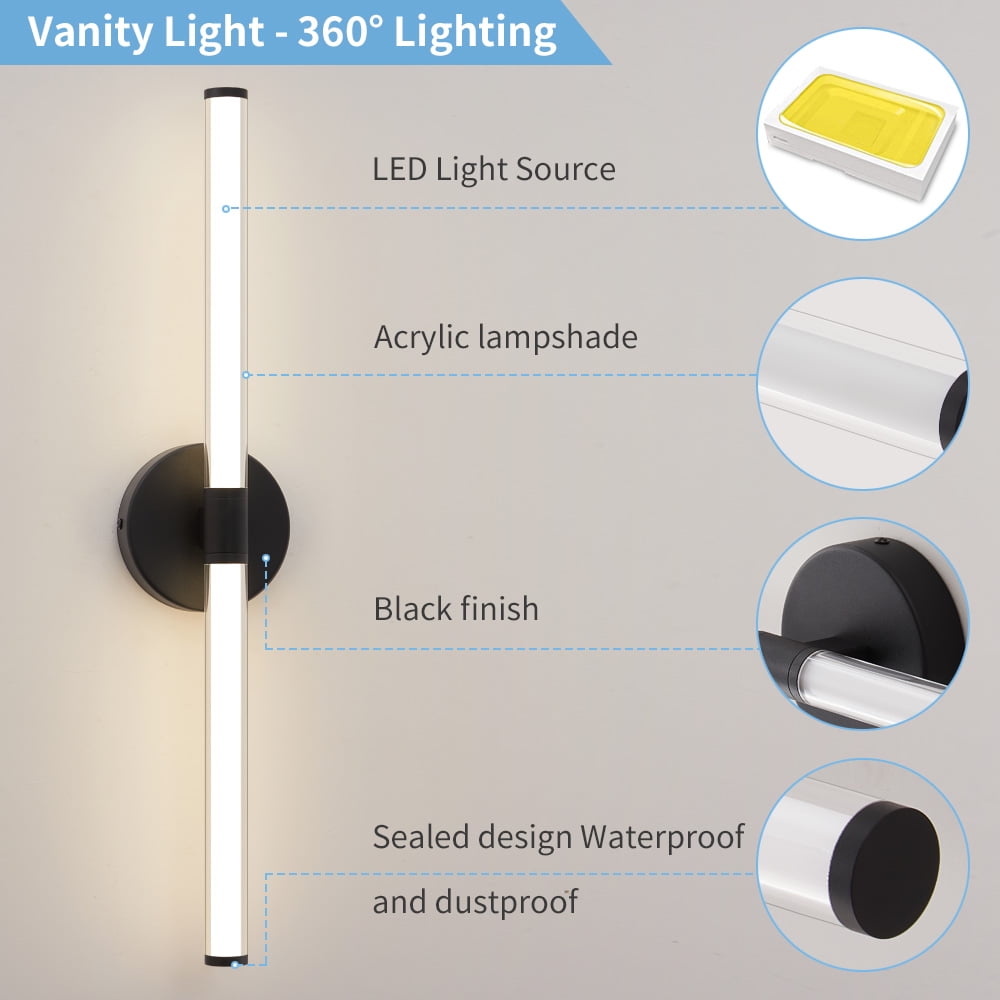Deyidn 24 Inch Black LED Bathroom Wall Sconce, 20W Dimmable Mirror Light with 360° Illumination, for Bathroom Mirror, Makeup Vanity