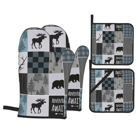 

Msacrh Cabin Oven Mitts and Pot Holders Set of 4 Bear Moose Cotton Lining with Non-Slip Hot Pads Heat Resistant Kitchen Microwave Oven Gloves for Cooking Baking Grilling BBQ Decorative Gift C48