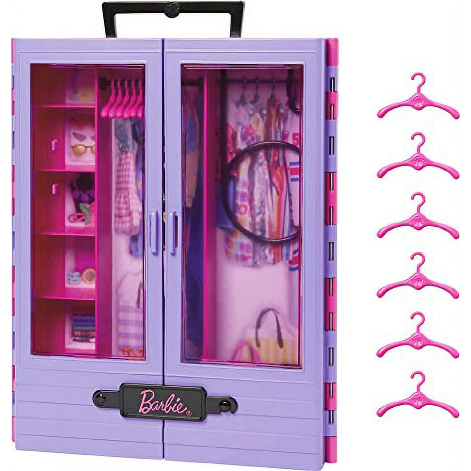 Barbie Closet Kids Toys Fashion Playset Barbie Fashionistas Accessory 6 Hangers Translucent Doors Storage Spaces Fold Out Rack