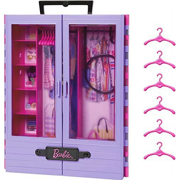 Barbie Closet, Kids Toys, Fashion Playset, Barbie Fashionistas Accessory, 6 Hangers, Translucent Doors, Storage Spaces, Fold-Out Rack