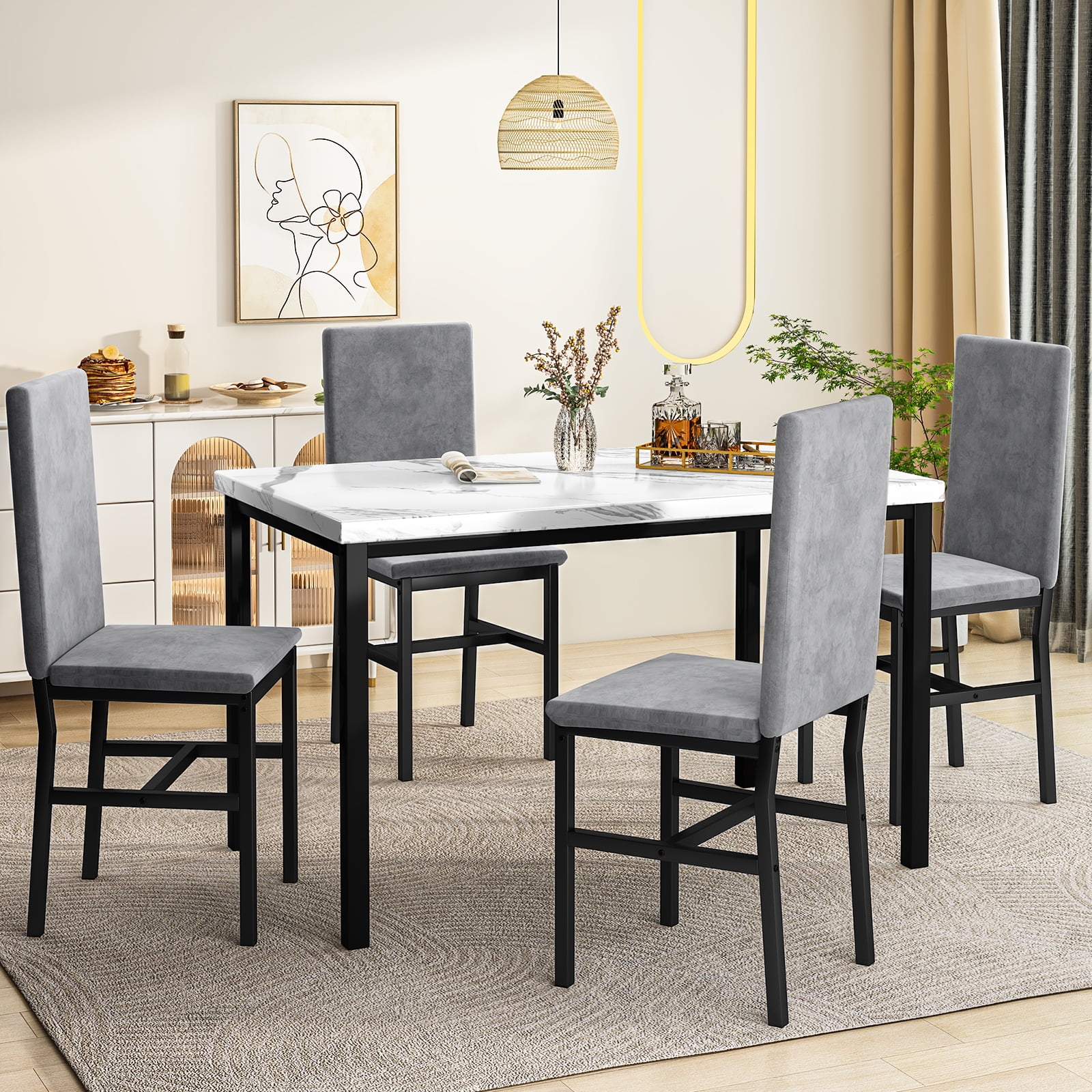 Cvortll 5 Pieces Dining Room Table Set for 4, Space Saving Kitchen Table and Chairs , Set with 4 Upholstered PU Leather Chairs and Faux Marble Tabletop, Gray + White