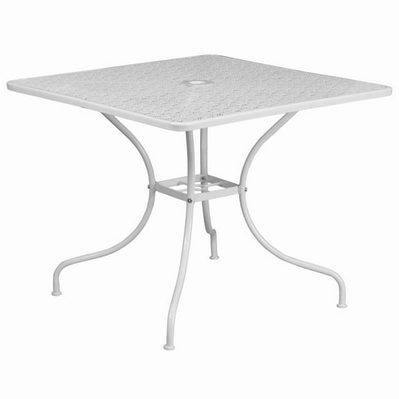 35.5" Square White Metal Patio Table with Umbrella Hole For Indoor or Outdoor Use