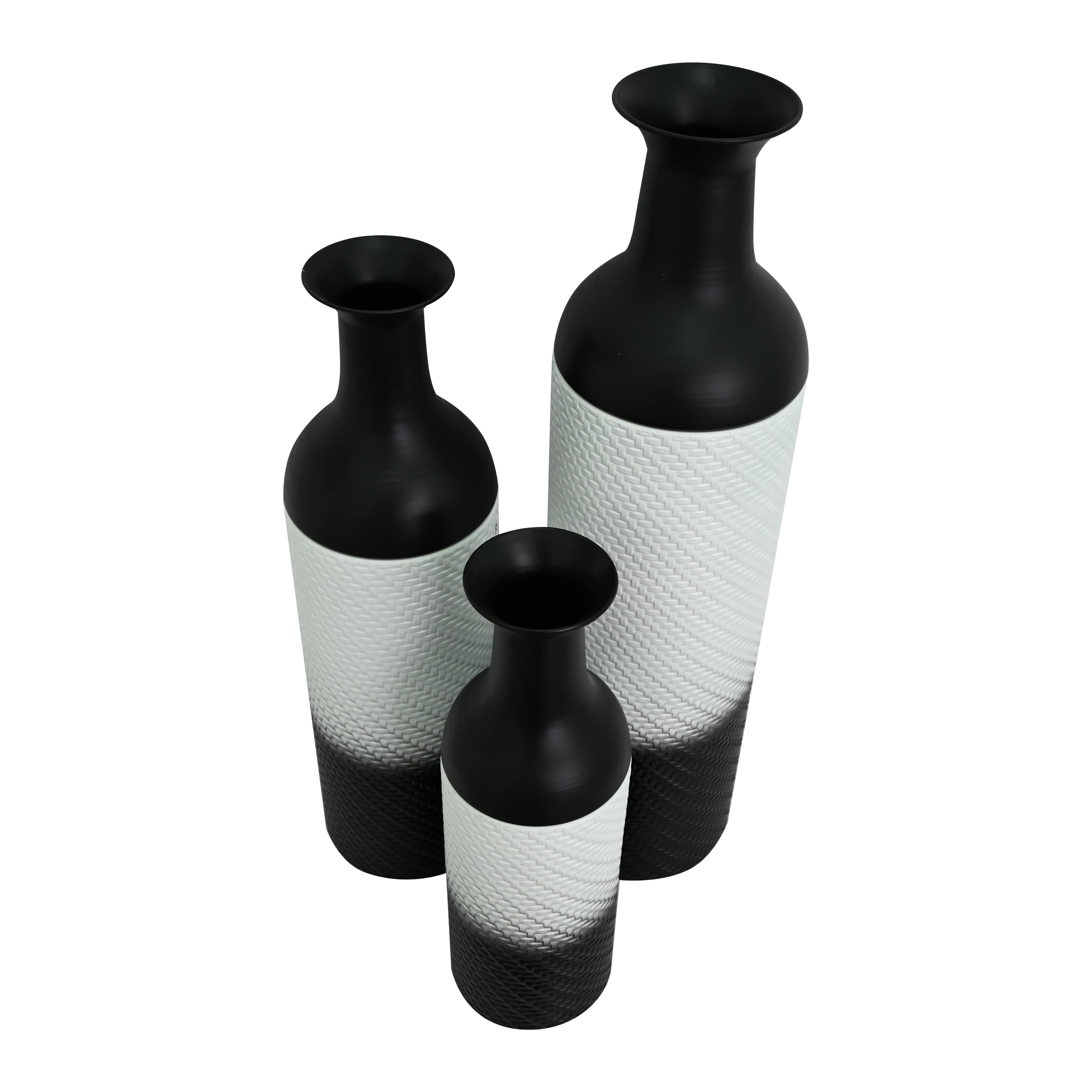 Metal Floor Vases Set of 3 with Leaf Pattern, Tall Decorative Vases and Home Decor Accents for Living Room Entryway, White and Black