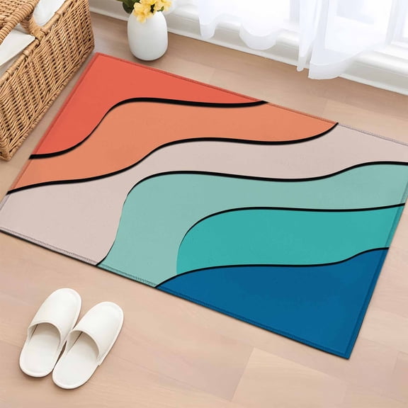 2x3 Ft Entryway Area Rug, Orange Teal Ombre Kitchen Rug Runner Washable Floor Mat, Modern Moire Abstract Art Non Slip Indoor Door Mat Throw Carpet for Bathroom Living Room Bedroom