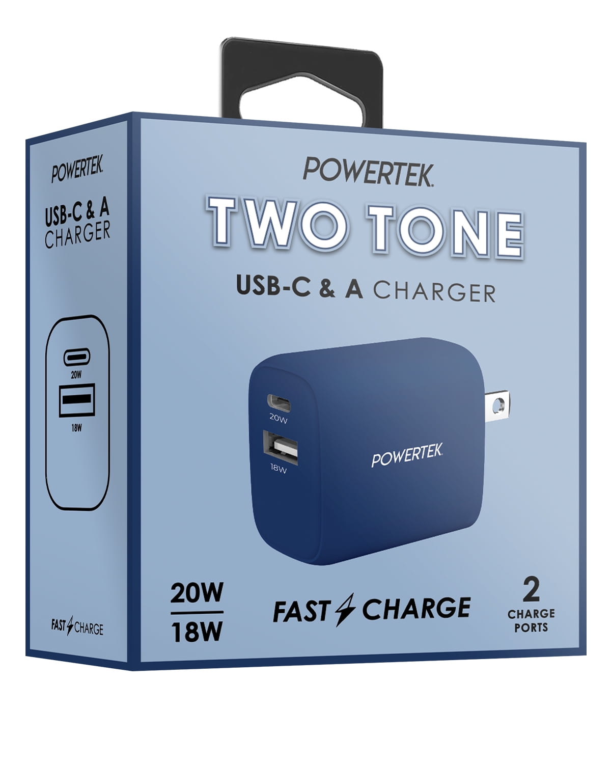 Liquipel Powertek 20W PD USBC and 18W USBA Dual Port Wall Block Charger, Type C Fast Charging Cube, Wall Power Adapter Plug, Two Tone Blue