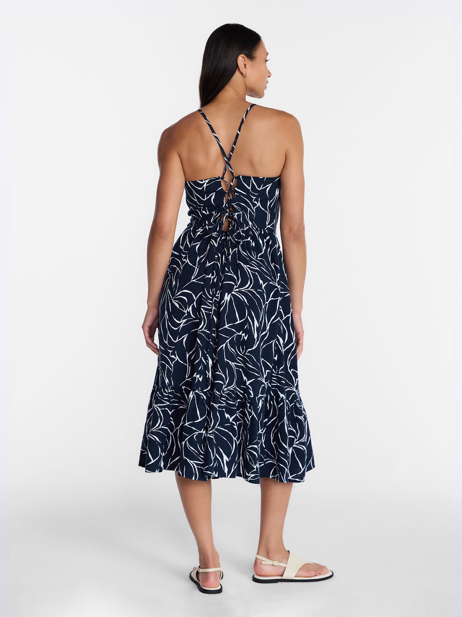Time and Tru Women's Linen Blend Lace Up Halter Dress, Sizes XS-XXXL