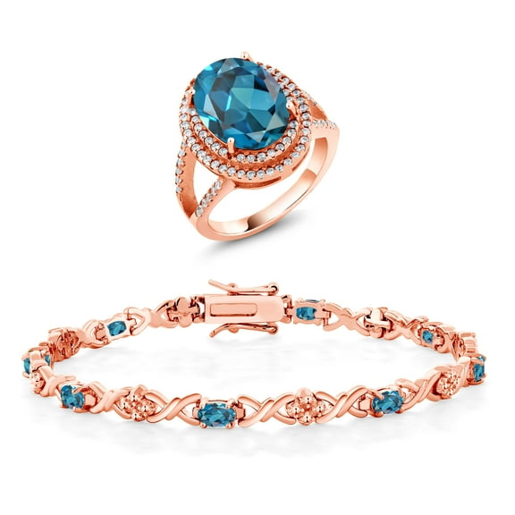 Gem Stone King 12.14 Ct Oval London Blue Topaz 18K Rose Gold Plated Silver Ring and Bracelet Jewelry Set (Size 9)