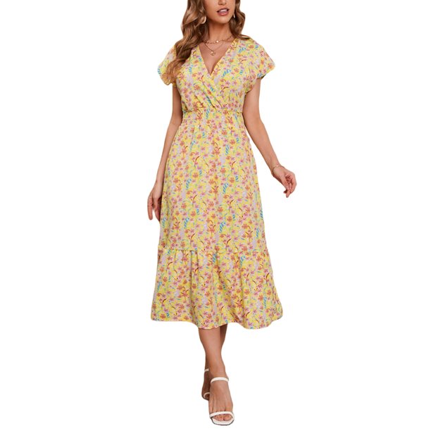 SAYOO - Vestido de gasa de manga corta para mujer, informal, con flores, cuello en V, cintura alta, línea A, de longitud media SAYOO Moda