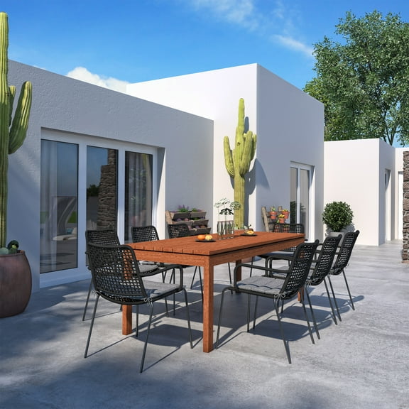 Amazonia Dorado 9 Pieces Eucalyptus Wood Rectangular Outdoor Dining Set, Ideal for Patio, Seating Capacity: 8
