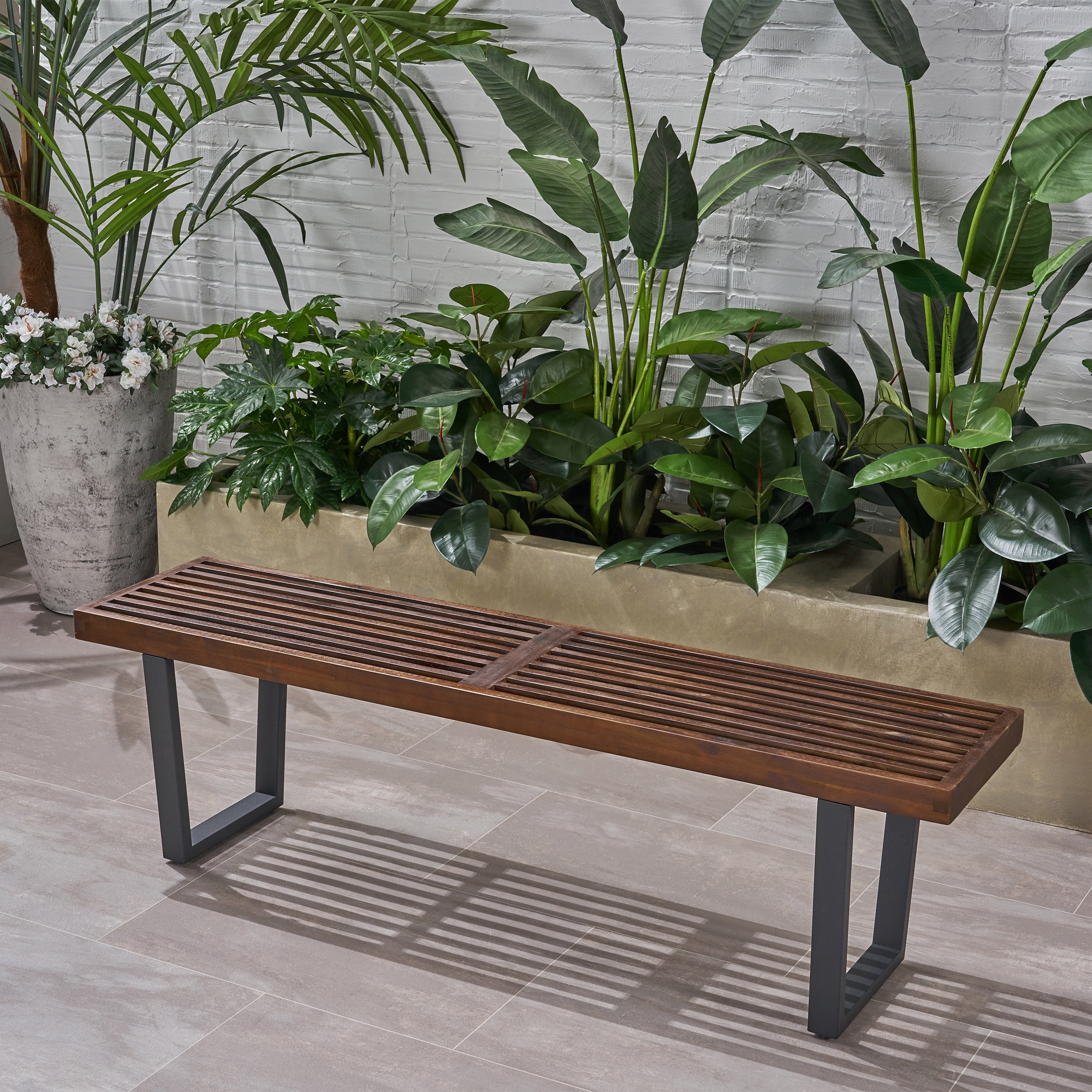 Outdoor Dining Bench with Acacia Wood and Iron Legs, Patio Bench and Garden Seating for 3 People with Adjustable Foot Pads, Dark Brown and Black