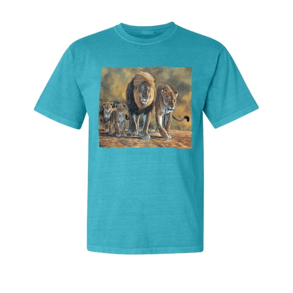 Wild Bobby, Distressed African Lion Family Desert, Animal Lover, Garment-Dyed Washed Look Short Sleeve T-Shirt, Blue Lagoon, Small