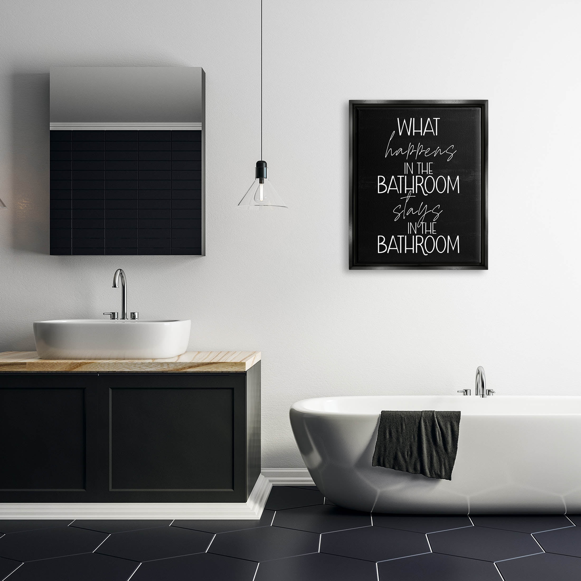 Stupell Industries What Happens In The Bathroom Graphic Art Jet Black Floating Framed Canvas Print Wall Art, Design by Lil' Rue