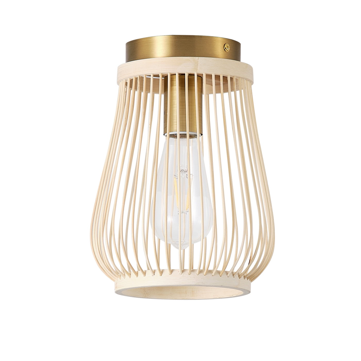 Modern Gold Caged Semi Flush Mount Ceiling Light, Vintage Boho Farmhouse Natural Bamboo Ceiling Light Fixture for Hallway Bedroom Kitchen Foyer
