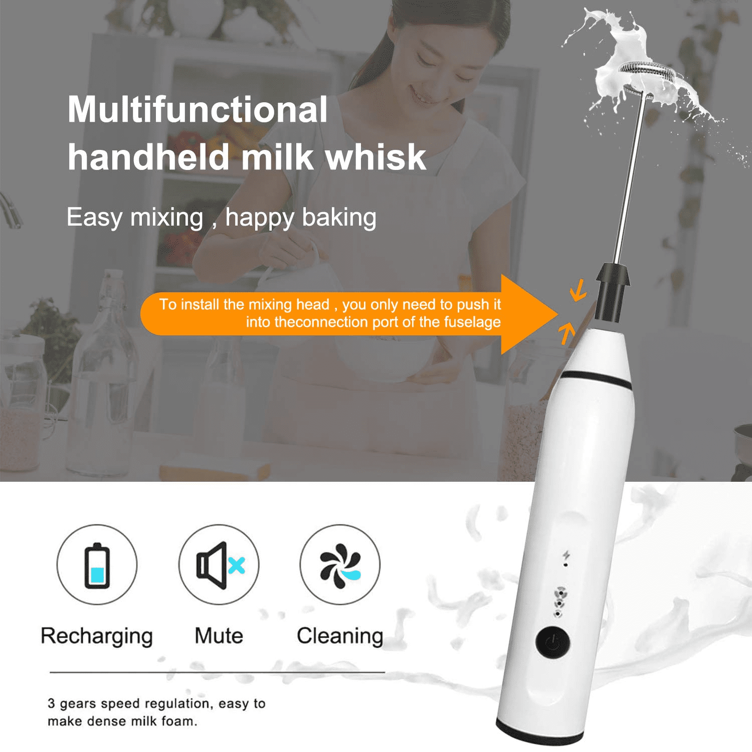Blsyetec USB Rechargeable Electric Handheld Milk Frother with 3 Heads  [White] 