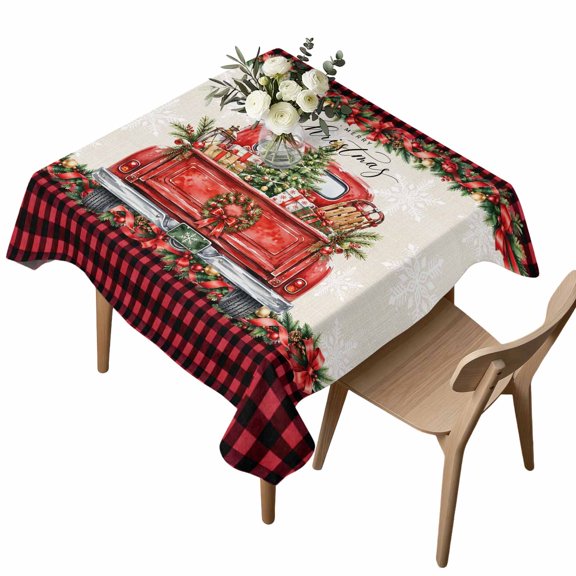 Waterproof Tablecloth Christmas Red Truck Xmas Tree Square Table Cloth 54x54in,Wipeable Washable Table Cover Winter Plant Buffalo Plaid Tablecloths for Dining Tables Kitchen Picnic Outdoor Party