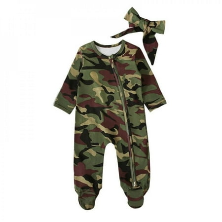 

New 2020 New Infant Toddlers Baby Boys Long Sleeve Camouflage One-piece Romper Headband Toddler Long Sleeve Cotton Two-piece Suits