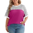 thumbnail image 2 of Delayuji Women's Spring Round Neck Striped Color Blocked Printed Loose Casual Short Sleeved T Shirt Pink Xxl Polyester,Spandex Short Sleeve Shirts for Women, 2 of 4
