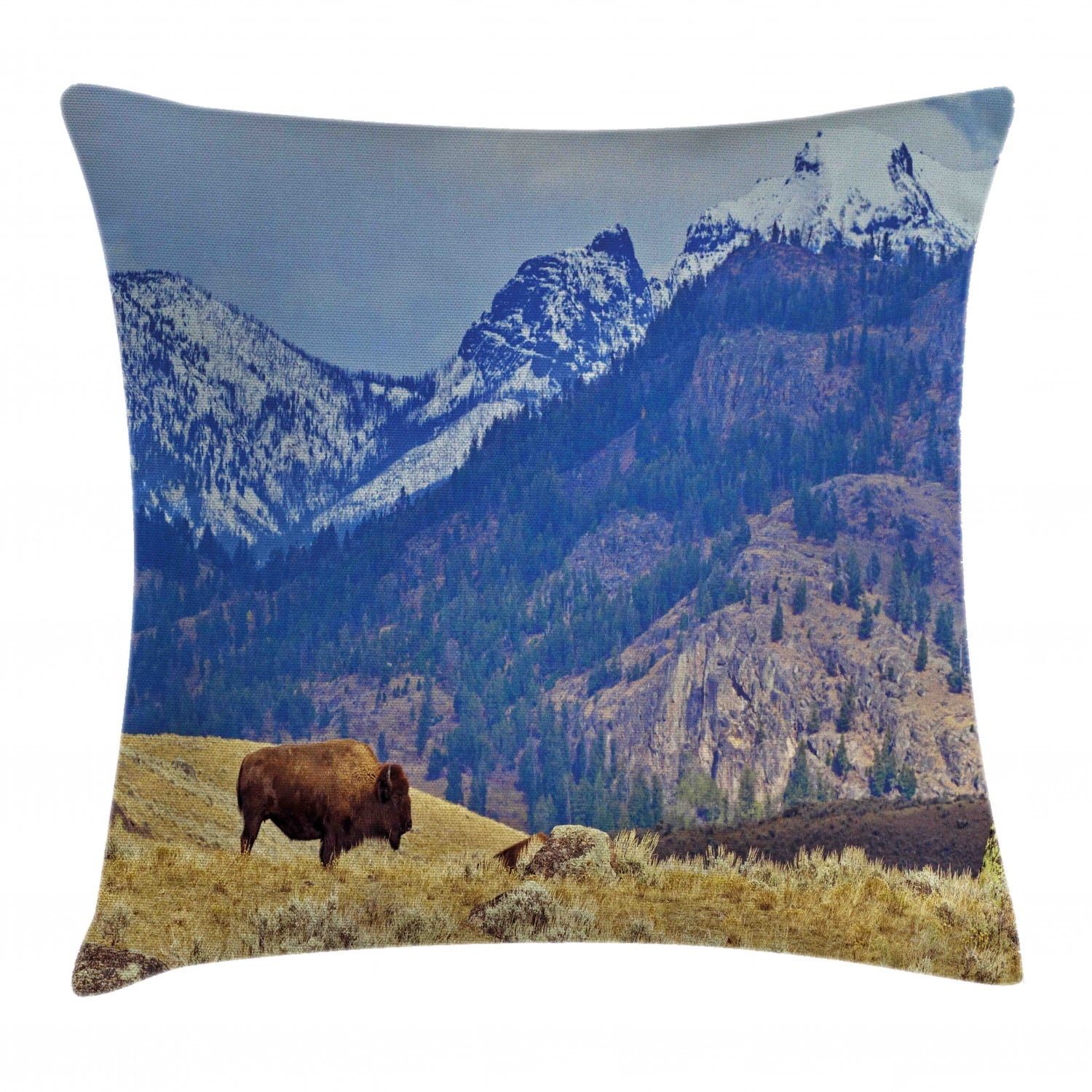 Wyoming Throw Pillow Cushion Cover Panoramic Landscape With Lonely Bison And Snowy Mountains At Grand Loop Yellowstone Decorative Square Accent Pillow Case 16 X 16 Multicolor By Ambesonne Walmart Com Walmart Com