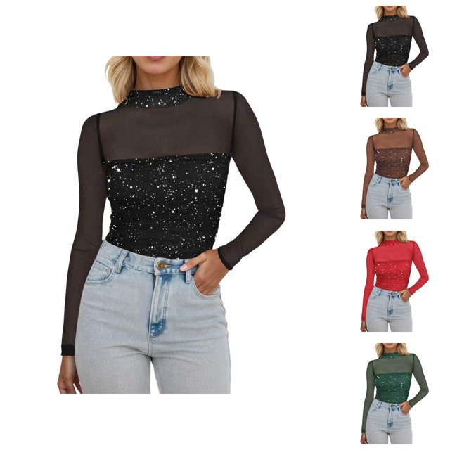 Sparkle Tops for Women 2026 Spring Fashionable Long Sleeve Mesh Patchwork Mock Neck Casual T Shirt Rave Outfit Clubwear