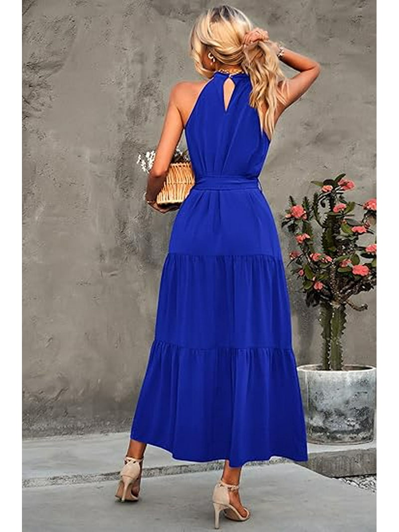 PRETTYGARDEN Women's Summer Floral Maxi Sun Dress Sleeveless Halter Neck  Flowy Ruffle Hem Long Boho Dresses with Belt - Walmart.com
